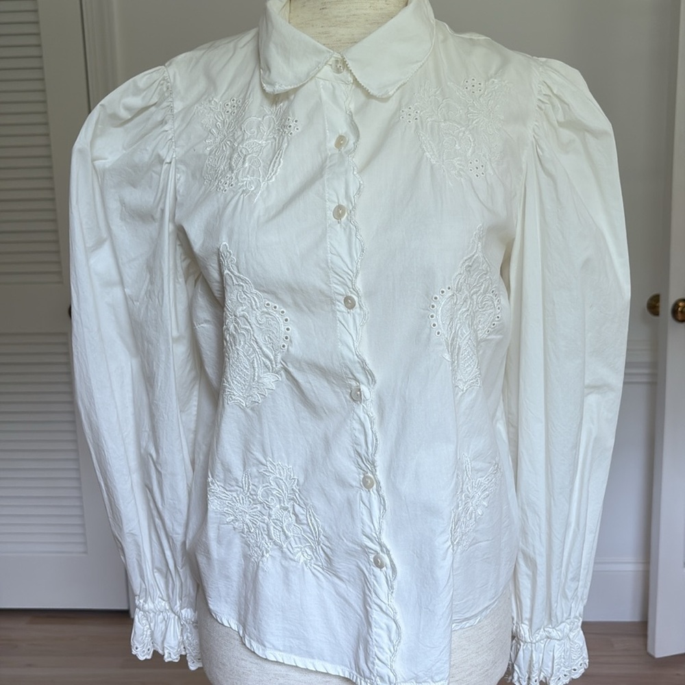 Zara White Button Down Cotton Poplin Embroidered Shirt XS (looks like Doen)